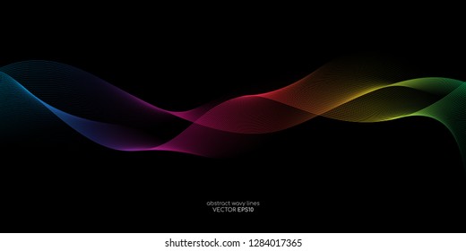 Abstract vector colorful wave line flowing isolated on black background for design elements in concept technology, music, science, A.I.