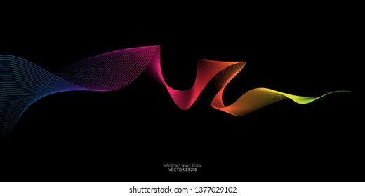 Abstract vector colorful wave line flowing isolated on black background for design elements in concept technology, music, science, A.I.