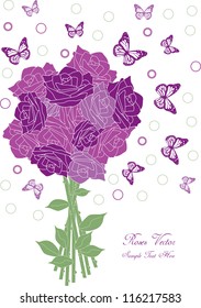 abstract vector complimentary card design with violet roses,butterfly silhouettes and place for your text isolated on white background