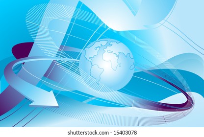 abstract vector composition, arrow speeding around the globe, global communication concept