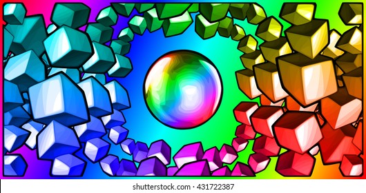 Abstract vector composition with cubes and sphere in perspective
