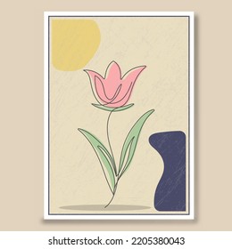 Abstract vector composition and flower in the style continuous line grunge texture  Wall drawing  poster  painting  poster print in minimalist style and colored figures  Flat design