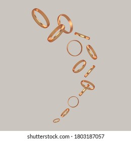 Abstract vector composition with flying wedding golden rings. Realistic 3d shapes