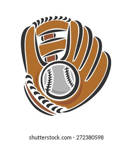 Abstract Vector Composition Of Logo For Fun Baseball Glove With Ball Closeup, Baseball Club Icon On White Background