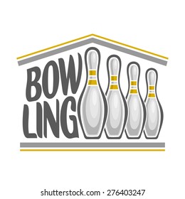 Abstract vector composition of logo for fun bowling skittle ninepins with inscription closeup on white background, bowling club