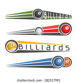 Abstract vector composition of logo for fun multicolored balls of billiards pool  isolated with inscription closeup on white background, billiards pool club