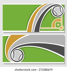 Abstract vector composition of logo for text, notes, title; poster banner, fun baseball ball flying on trajectory over field playground with baseball club closeup, invitation ticket 
