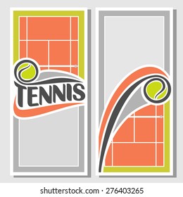 Abstract vector composition of logo for text, notes, title; poster banner, fun tennis ball flying on trajectory over court playground with inscription tennis club closeup, invitation ticket 
