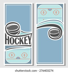 Abstract vector composition of logo for text, notes, title; poster banner, fun hockey puck flying on trajectory over ice rink playground with inscription hockey club closeup, invitation ticket 