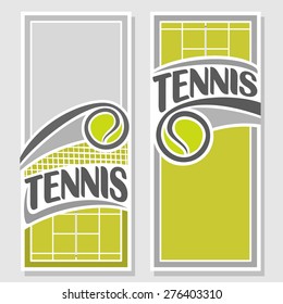 Abstract vector composition of logo for text, notes, title; poster banner, fun lawn tennis ball flying on trajectory over court playground with inscription tennis club closeup, invitation ticket 