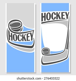 Abstract vector composition of logo for text, notes, title; poster banner, fun hockey puck flying on trajectory over ice rink playground and stick closeup, invitation ticket, hockey club