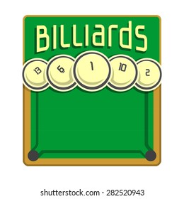 Abstract vector composition of logo for text, notes, title; poster banner, fun billiard pool balls on snooker table with inscription closeup, billiards club , invitation ticket 