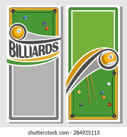 Abstract vector composition of logo for text, notes, title; poster banner, fun billiard pool ball and cue on snooker table with inscription closeup, billiards club , invitation ticket 