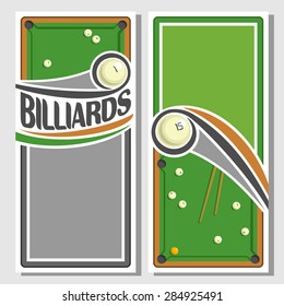 Abstract vector composition of logo for text, notes, title; poster banner, fun billiard pool ball on snooker table with inscription and number closeup, billiards club , invitation ticket 