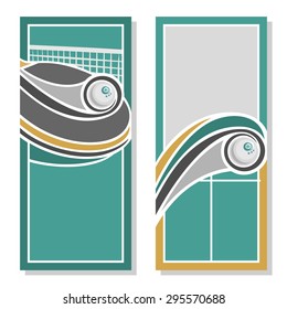 Abstract vector  composition of logo for text, notes, title; poster banner, fun table tennis, ping pong ball flying on trajectory over net table tennis, ping pong club closeup, invitation ticket