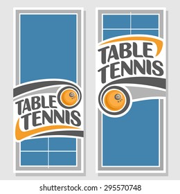 Abstract vector composition of logo for text, notes, title; poster banner, fun table tennis with net, ping pong ball flying on trajectory with inscription table tennis club closeup, invitation ticket
