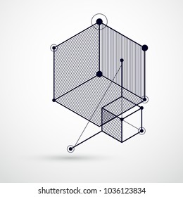 Abstract vector composition with simple geometric figures, symbols, art black and white background. Technical plan, abstract engineering draft for use in graphic and web design. 