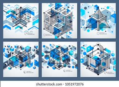 Abstract vector composition with simple geometric figures, symbols, art blue backgrounds set. Technical plan, abstract engineering draft for use in graphic and web design. 
