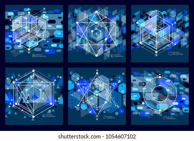 Abstract vector composition with simple geometric figures, symbols, art dark blue backgrounds set. Technical plan, abstract engineering draft for use in graphic and web design. 