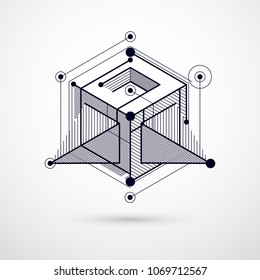 Abstract vector composition with simple geometric figures, symbols, art black and white background. Technical plan, abstract engineering draft for use in graphic and web design. 