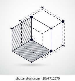 Abstract vector composition with simple geometric figures, symbols, art black and white background. Technical plan, abstract engineering draft for use in graphic and web design. 