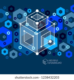 Abstract vector composition with simple geometric figures, symbols, art dark blue background. Technical plan, abstract engineering draft for use in graphic and web design. 