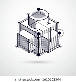 Abstract vector composition with simple geometric figures, symbols, art black and white background. Technical plan, abstract engineering draft for use in graphic and web design. 