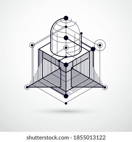 Abstract vector composition with simple geometric figures, symbols, art black and white background. Technical plan, abstract engineering draft for use in graphic and web design. 