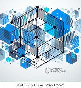 Abstract vector composition with simple geometric figures, symbols, art blue background. Technical plan, abstract engineering draft for use in graphic and web design. 