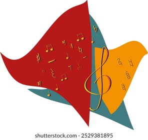 Abstract vector composition of small elements in the form of musical notation and treble clef on the background of red, yellow, green canvases for websites, textiles, postcards, invitations, print.