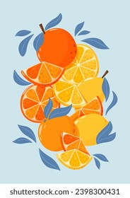 Abstract vector composition with tropical fruits, Whole and sliced oranges and lemons. Summer vitamin vector background for banner,  poster, flyer, card. Cartoon flat style