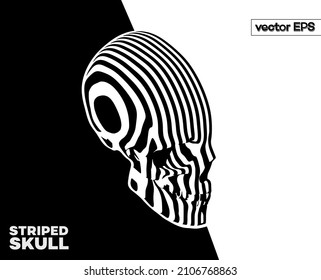 Abstract vector concept 3D rendering of a half skull cut in black and white vertical stripes placed on a white plane against a black background.