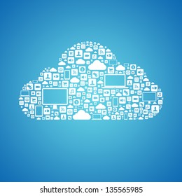 Abstract vector concept of cloud computing with many graphic icons which form a cloud shape. Isolated on blue background