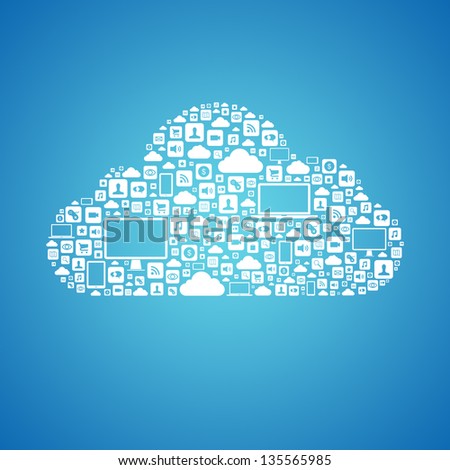 Abstract vector concept of cloud computing with many graphic icons which form a cloud shape. Isolated on blue background