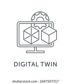 Abstraktes Vektorkonzept der digitalen Zwillingstechnologie. Illustration mit Würfeln, Ausrüstung und Mikrochip als Symbol für virtuelles Modell, Simulation, Engineering. Emblem oder Piktogramm in dünner Linie