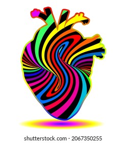 Abstract vector concept illustration of heart shaped turning torus in bright rainbow colors.