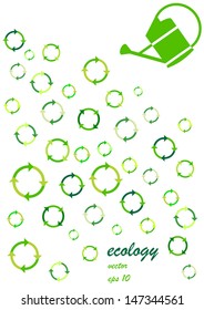 abstract vector concept with round recycle symbols, watering can and place for your text isolated on white background