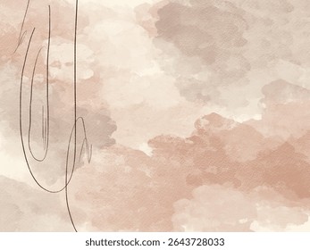 Vetor abstrato arte de linha contínua em um fundo de aquarela suave em tons terrosos, simbolizando conexão, tranquilidade e fluxo orgânico. Perfeito para projetos minimalistas e de bem-estar.