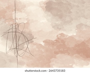 Abstract vector continuous line art on a soft watercolor background in earthy tones, symbolizing connection, tranquility, and organic flow. Perfect for minimalist and wellness designs.
