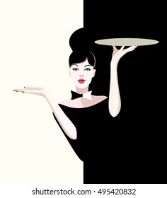 Abstract vector cool girl waiter , tray in hand, art pattern white black red, show empty copy space background for text, special offer, Proposing  product. Gestures for advertisement.Welcome, menu
,
