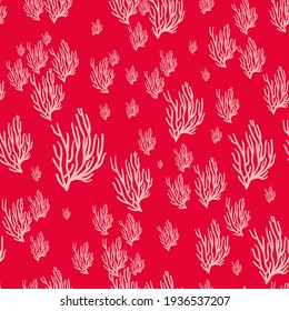 abstract vector coral reefs seamless surface pattern design in bright red and pink for art prints, cards, stationery, prints, textile, fabric, paper, and much more.