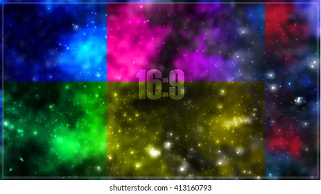 Abstract vector cosmic galaxy background with nebula, stardust, bright shining stars and color squares. Vector illustration for your design. Format 16:9.