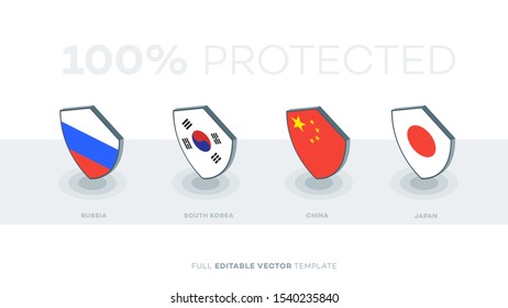 Abstract Vector Country Flag Shield. Russia, south korea, china japan