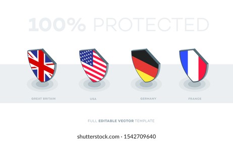 Abstract Vector Country Flag Shield. Great britain, usa, germany france