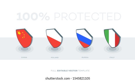 Abstract Vector Country Flag Shield. China, poland, russia italy