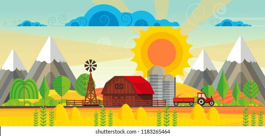 Abstract vector countryside rural landscape, farm with wooden barn and windmill. Can be use wallpaper or other background.
