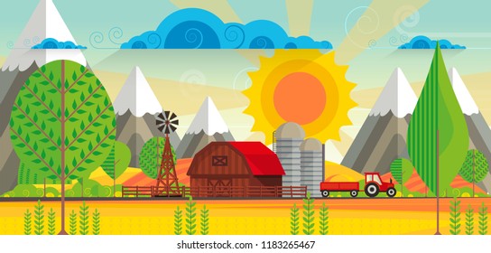 Abstract vector countryside rural landscape, farm with wooden barn and windmill. Can be use wallpaper or other background.