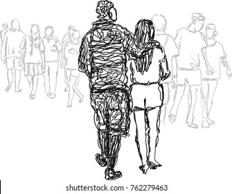 Abstract vector of couple hugging and walking on a city street