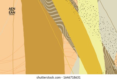 Abstract vector cover design with wavy motley shapes in natural colors. Hand textured with stripes and scribbles. Modern contemporary art. Poster or print template for sale promotion event.