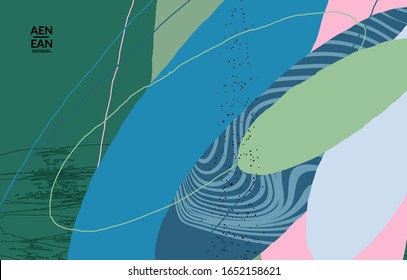 Abstract vector cover design with wavy motley shapes in natural colors. Hand textured with stripes and scribbles. Modern contemporary art. Poster or print template for sale promotion event.